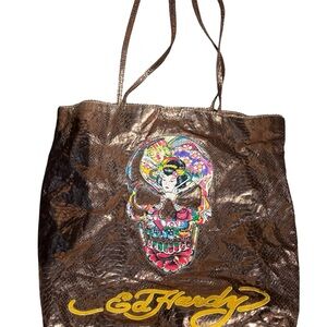 Ed Hardy Bronze Metallic Snake Print Tote Bag Tattoo Skull Geisha Art